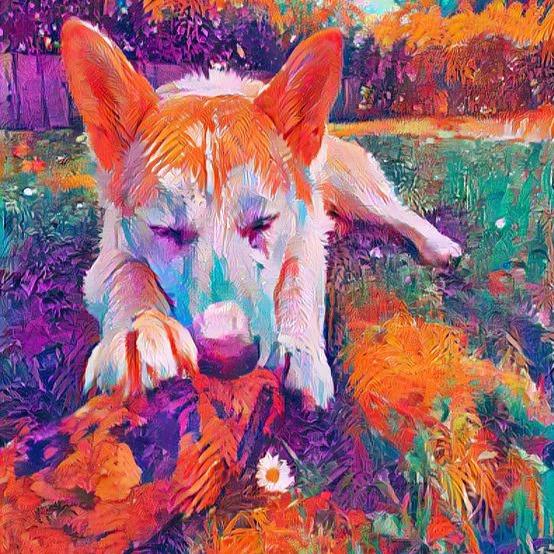Hund im Garten als Gemälde gezeichnet