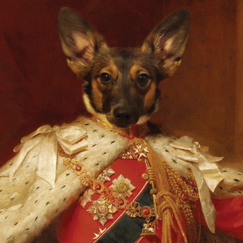 Eigener Hund auf Leinwand als König